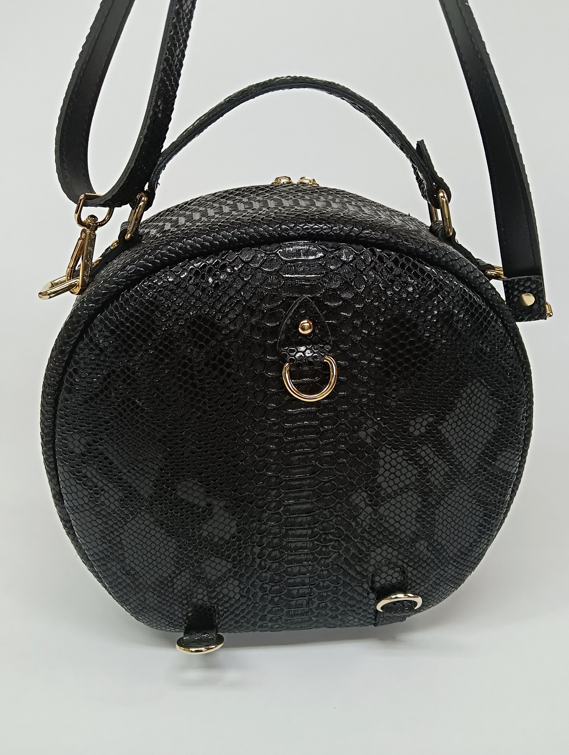 Black Snake Skin Hat Box Bag: Handmade PU Leather Shoulder 
