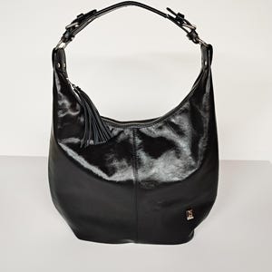 May include: A metallic black hobo bag featuring a single shoulder strap with silver-toned buckles, a top zipper closure, and a decorative leather tassel. A small metallic logo plaque is attached to the lower right side of the bag.