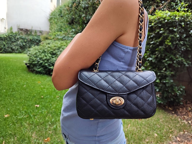 Single Flap Genuine Grained Leather Crossbody Bag, Quilted Shoulder Bag, Elegant Handbag, Stylish Bag, Eternal Fashion Bag, Made in Greece image 3