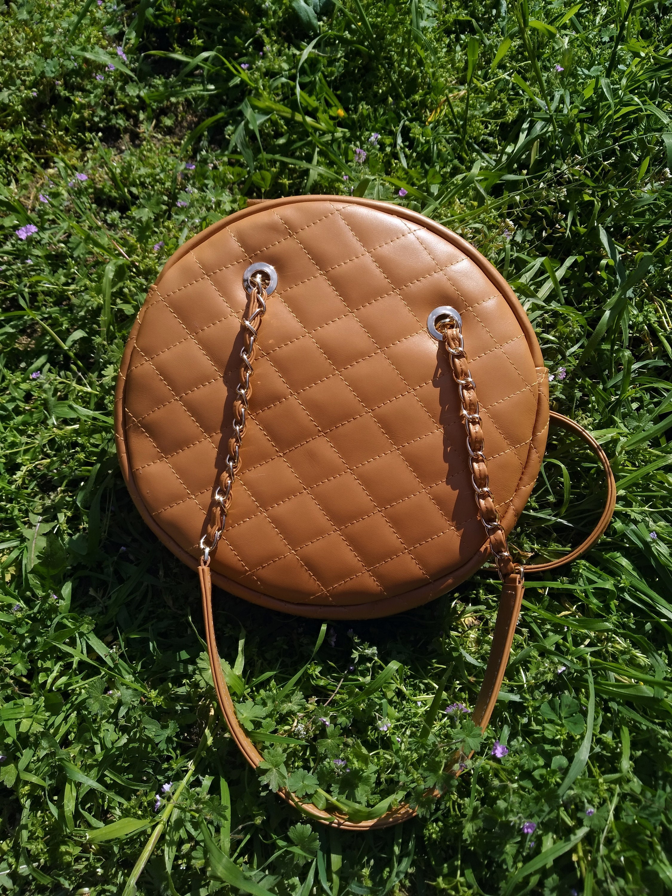 Diamonds Style Round Genuine Leather Shoulder Bag Quilted 