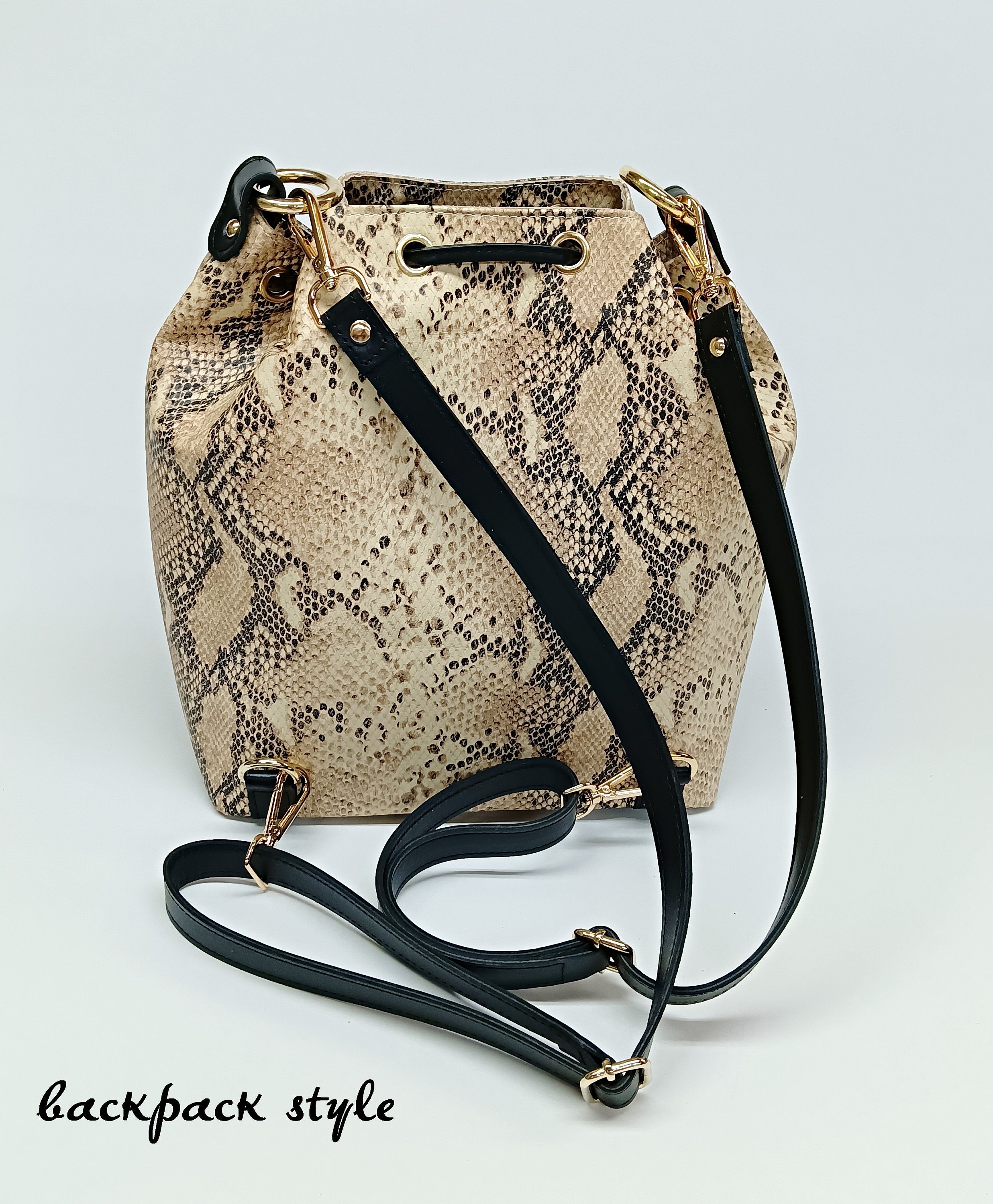 Snake Skin Style Black Bucket Bag Genuine Calf Leather -  Finland