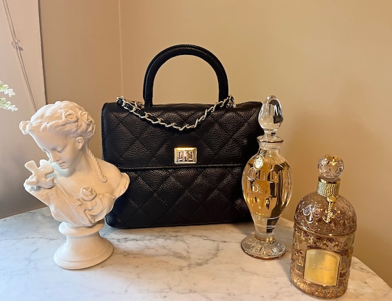 Classic Style Genuine Grained Calfskin Flap Bag, Quilted Medium Size Bag, Leather Top Handle Bag, Convertible Shoulder Bag, Made in Greece