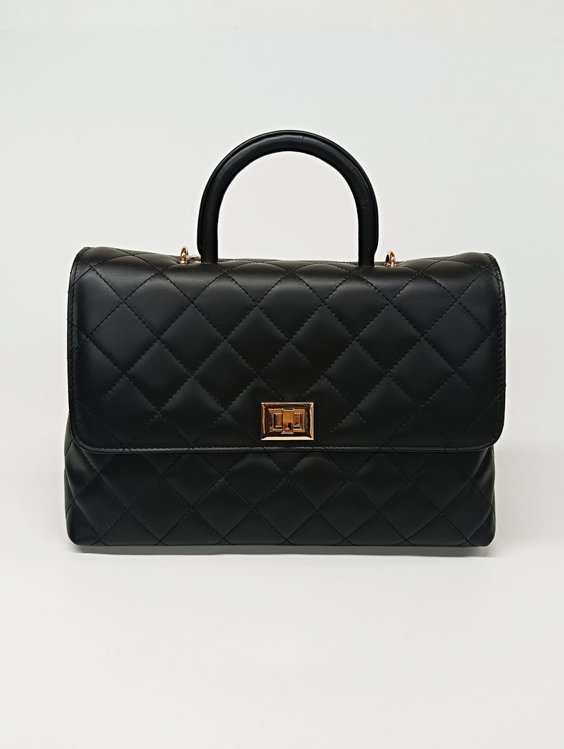 Classic Style Genuine Leather Flap Bag, Quilted Elegant Large Bag, Minimalist Top Handle Bag, Convertible Shoulder Bag, Timeless Fashion Bag Black