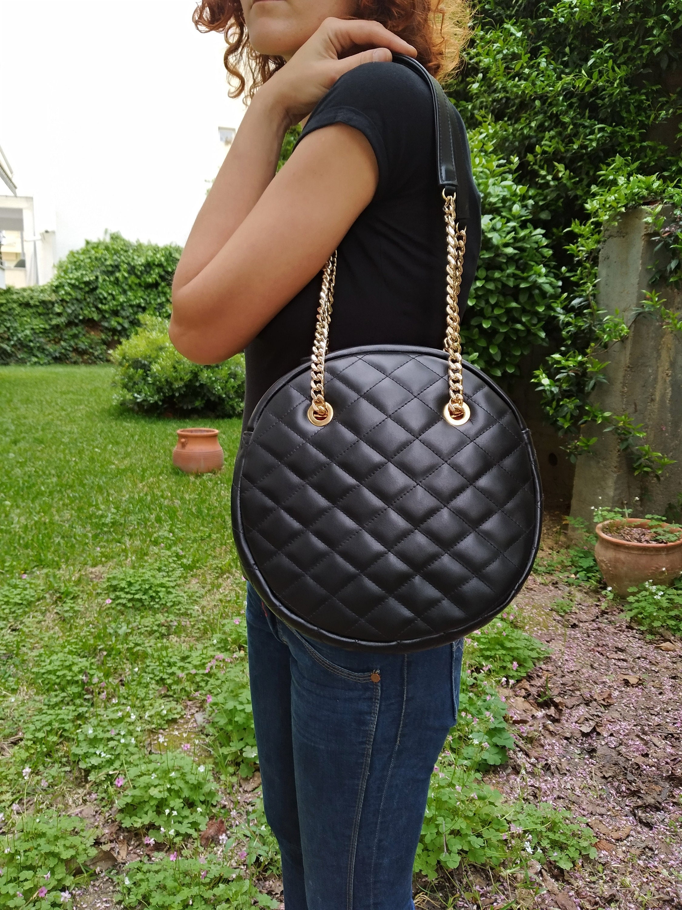 Diamonds Style Round Genuine Leather Shoulder Bag Quilted 