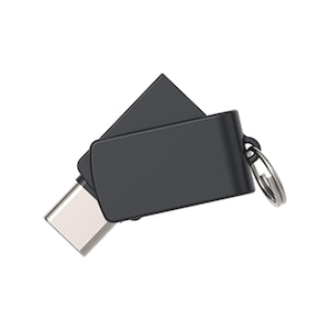 May include: A black USB-C flash drive with a swivel cover design. The metallic connector is exposed at one end, while the other end features a small circular metal ring attached to the casing, allowing for easy attachment to a keychain or lanyard.