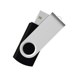 May include: A black USB flash drive featuring a swiveling silver metal protective cover. The device has a rectangular body with a circular pivot point where the silver casing rotates to reveal the standard USB connector port at the top end.
