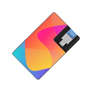 May include: A rectangular credit card-style USB flash drive featuring a vibrant abstract pattern of orange, pink, yellow, and blue curved shapes. The device includes a black plastic connector housing with a silver and blue USB-A plug component.