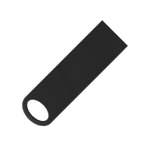 May include: A rectangular black USB flash drive featuring a smooth matte finish and a circular cutout at one end for attachment to a keychain or lanyard. The device has a simple, elongated design with a solid black color throughout its entire body.