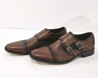 Chaussures habillées Asher Green pour homme, pointure 11, en cuir véritable marron, à double boucle et bout rapporté.