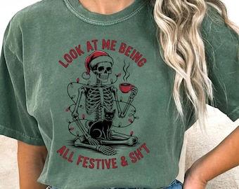 Camiseta navideña divertida de esqueleto: Papá Noel con calavera navideña sarcástica