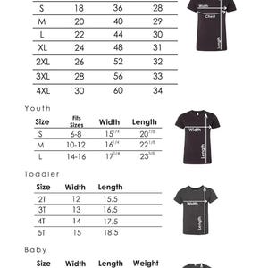 May include: Size chart in inches for t-shirts, including adult, youth, toddler, and baby sizes. Measurements include width, chest, and length for adults, and width and length for youth, toddler, and baby sizes. Includes diagrams.