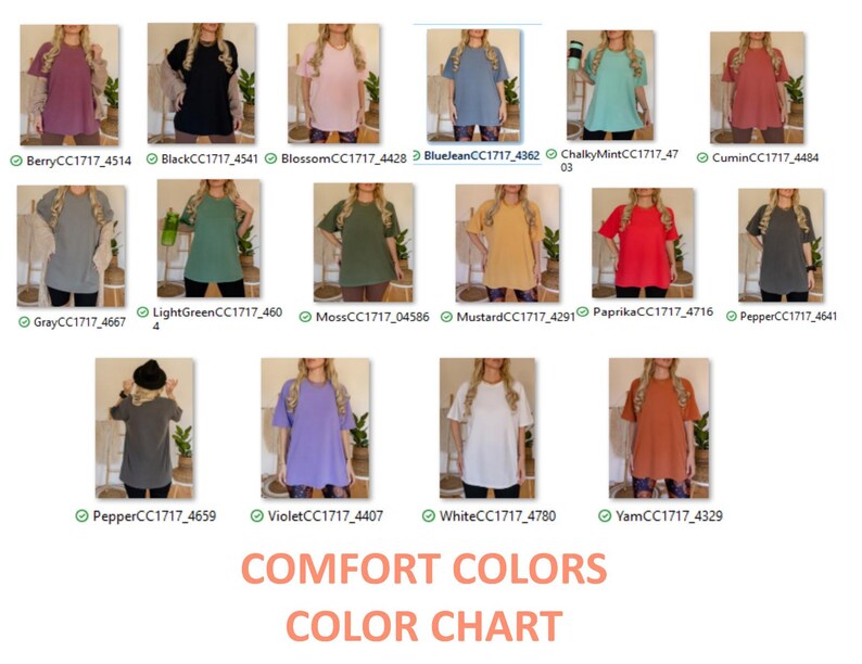 Puede incluir: Una carta de colores que muestra camisetas Comfort Colors en varios tonos, incluyendo bayas, negro, flor, azul vaquero, menta tiza, comino, gris, verde claro, musgo, mostaza, piment&oacute;n, pimienta, violeta, blanco y &ntilde;ame. Tambi&eacute;n est&aacute; presente el texto "COMFORT COLORS COLOR CHART".