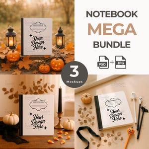 Puede incluir: Maqueta de mega paquete de cuadernos con tres escenas diferentes. Cada escena presenta un cuaderno de composición blanco con el texto "Your Design Here". Las escenas incluyen calabazas, velas y follaje otoñal.