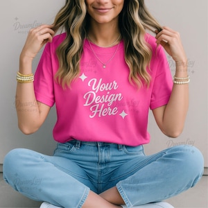 Charity Pink Bella Canvas 3001 T-Shirt Mockup – Minimalist Bright Pink PSD Template