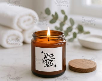 Amber Glass Candle Mockup – 11oz Jar with Wood Lid, PSD & JPG, 4x3 inches