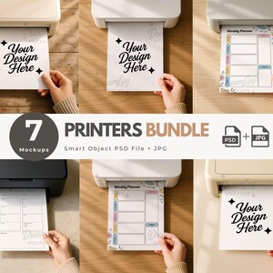 May include: A bundle of seven printer mockups featuring various designs. The mockups include printers with printed sheets displaying "Your Design Here" and weekly planner templates. The bundle includes PSD and JPG files.