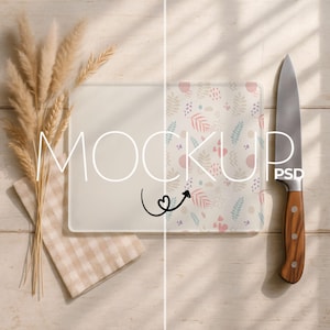 Glass Cutting Board Mockup – 11x7.75” Kitchen Scene, Smart Object PSD