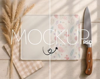 Mockup glazen snijplank: 11 x 7,75 inch, keukenscène, slim object PSD