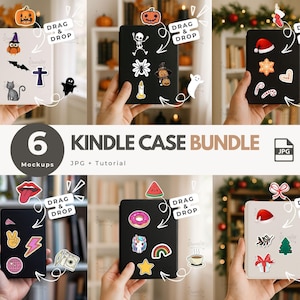 Puede incluir: Un paquete de seis maquetas de fundas Kindle, cada una con un diseño diferente. Las fundas están decoradas con varias pegatinas, incluyendo calabazas, un esqueleto, una bruja, un fantasma, un gorro de Papá Noel, un copo de nieve, una rosquilla, un unicornio y un arcoíris. Se muestra el texto "KINDLE CASE BUNDLE".