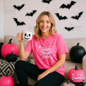 Neon Pink Halloween T-Shirt Mockup – Bella Canvas 3001 Tee