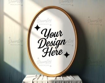 Vintage Gold Oval Frame Mockup, Antique Wall Art PSD Template, Elegant Oval Picture Frame Display