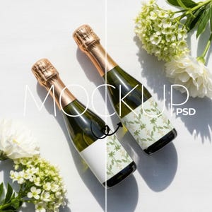 May include: Two green champagne bottles with gold foil tops and white labels, one blank and one with a floral design. The bottles are arranged on a white surface with white flowers and the word "MOCKUP" in white text.