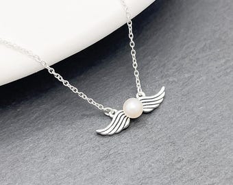 Collar de perlas con alas de ángel en plata de ley, joyería para el día a día