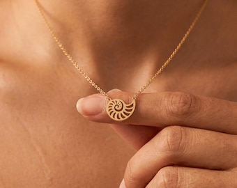 18K Gold Nautilus Shell Necklace, Beach Ocean Pendant