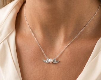 Sterling Silver Angel Wings Pearl Necklace, Memorial Jewelry
