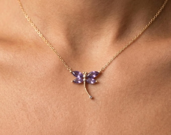 Collier libellule en or 18 carats avec pierre de naissance, pendentif nature marquise CZ