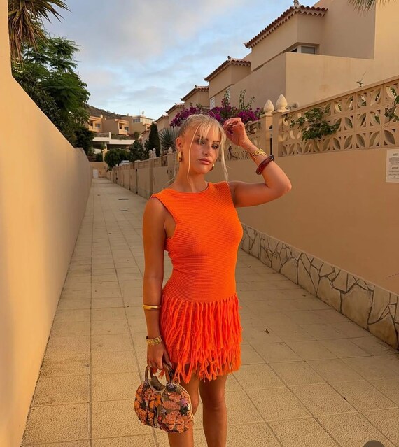 Orange Tassel Knit Dress, Mini Vacation Dress, Crochet Dress - Main Image