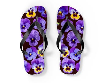 Purple Pansy Pattern Flip Flops | Floral Summer Beach Sandals