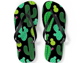Green Cactus Pattern Flip Flops | Desert Succulent Beach Slides