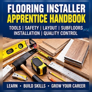 May include: A Flooring Installer Apprentice Handbook with white and yellow text on a blue background. The image displays a yellow level, a black mallet, a yellow tape measure, a utility knife, pencils, a metal ruler, and wood flooring planks.