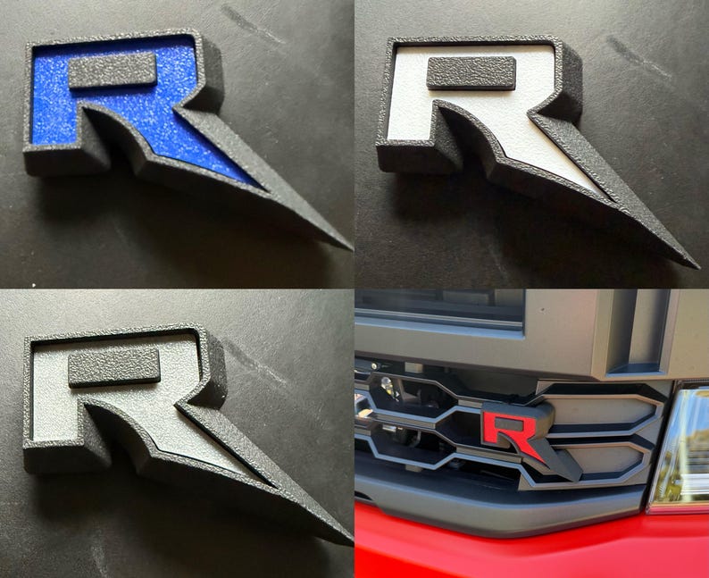 May include: A collection of automotive emblems featuring the letter "R" in various color schemes. The emblems have a textured finish and a stylized design with a sharp, angular element. One image shows the emblem installed on a vehicle's grille.
