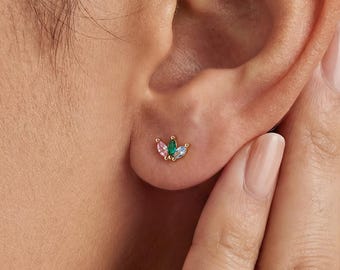Custom Multiple Birthstone Earrings, Personalized Birthstone Hoop Earrings, Gift for Her, Dainty Gold Gemstone Stud Earrings