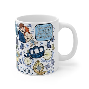 May include: White ceramic mug featuring a romantic illustration with a couple, a carriage, and butterflies. The mug has the text "Diamonds are not the only gems that sparkle" and "Could the carriage drive? Not keep driving? 12:00".