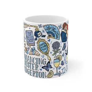 Peut inclure: Mug en c&eacute;ramique blanche avec un motif color&eacute;. Le motif comprend le texte "Romancing Mister Bridgerton" et des illustrations d'un livre, d'un &eacute;ventail, de papillons et d'un verre de vin. Le mug a aussi le texte "Let Them Talk."