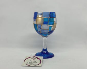 Re-wined Collection, Beachcomber hand-painted, blues for summer or fall, wine glass