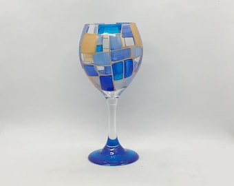 Beachcomber, blues for summer or fall, hand-painted red wine glass