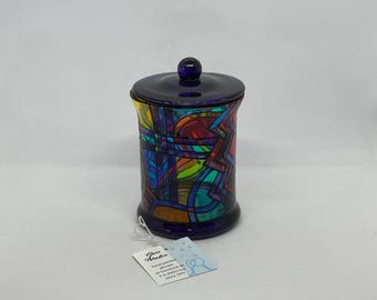 Brite, hand-painted eclectic lidded jar