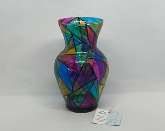 Cathedral, colorful hand-painted, classic urn-style bouquet vase, functional and decorative