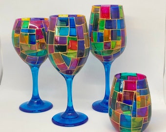 Mosaic, stain glass inspired, hand-painted wine glass, single stem, 4 styles