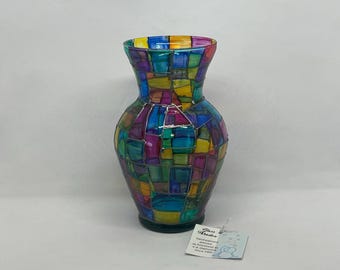 Chancel, stain glass inspired, hand-painted classic urn-style bouquet vase, functional and decorative