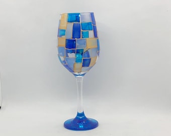 Beachcomber, blues for summer or fall, hand-painted all-purpose wine glass