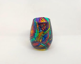 Brite, eclectic hand-painted stemless wine glass