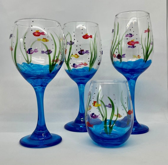 Crafted Creations Set of 2 Green Floral Hand Painted Margarita Stemware  Glasses 12 oz. 