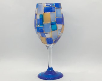 Beachcomber, blues for summer or fall, hand-painted white wine glass