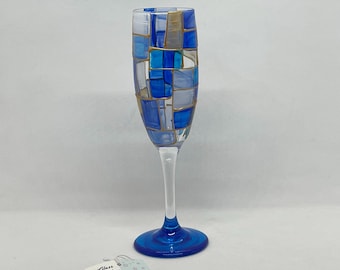 Beachcomber, blues for summer or fall, hand-painted champagne flute