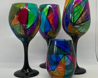 Cathedral, colorful hand-painted wine glass, single stem, 4 styles